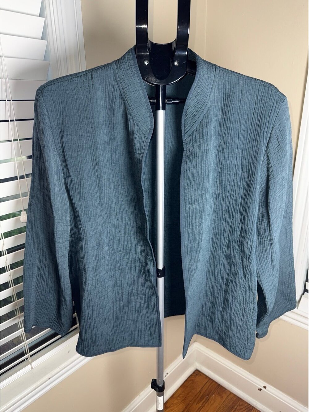 Eileen Fisher Blue Rayon Silk Crinkle Gauze Open Front Cardigan Jacket Large Lig
